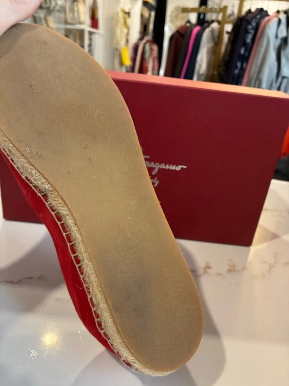 Salvatore Ferragamo red suede espadrille flats with a bow